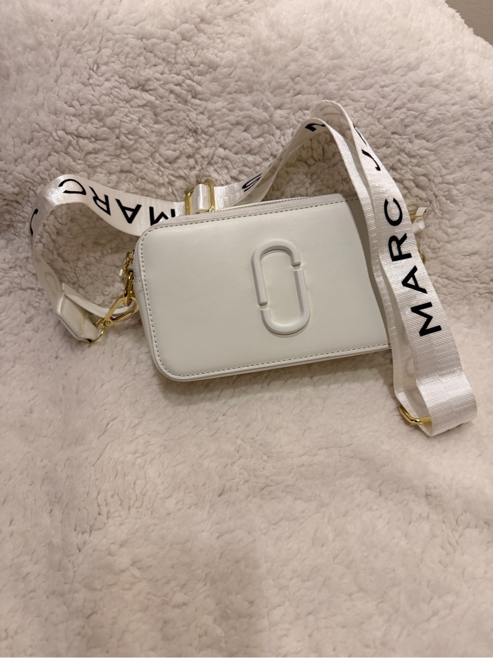 Marc Jacobs Cream Snapshot Double-Zip Crossbody with Branded Strap